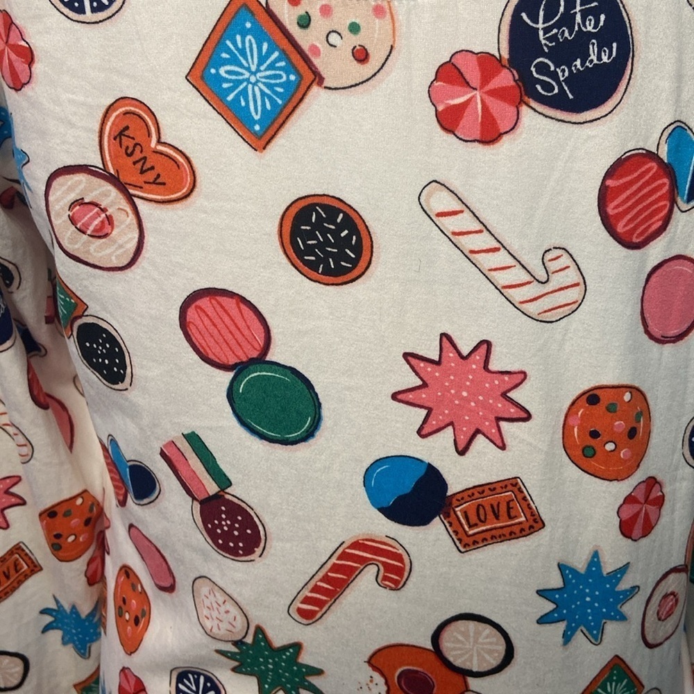 Kate Spade Pajama Top Shirt Holiday Christmas Print Long Sleeve White Blue Pink - Picture 5 of 7